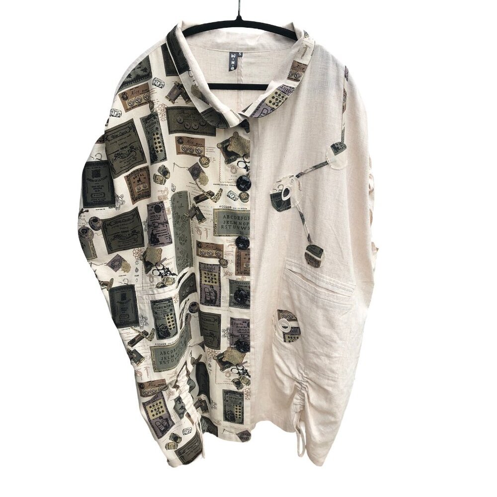 W.H.Q. Women's Lagenlook Linen Blend Oversized Tunic Top Beige Army Size Small